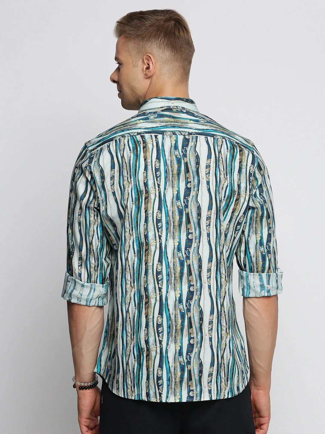 Men Blue Smart Slim Fit Multi Striped Long Sleeves Cotton Casual Shirt