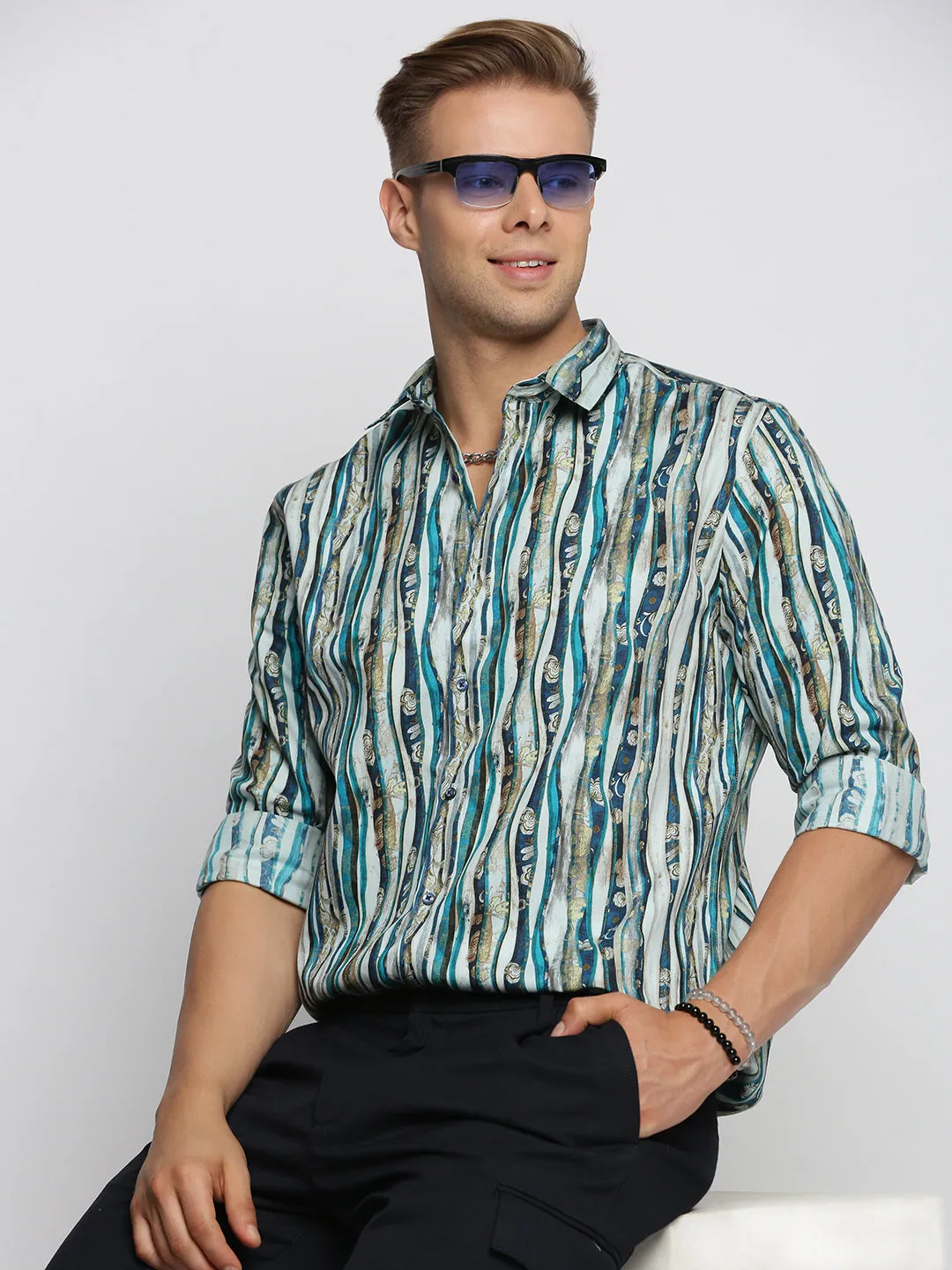 Men Blue Smart Slim Fit Multi Striped Long Sleeves Cotton Casual Shirt
