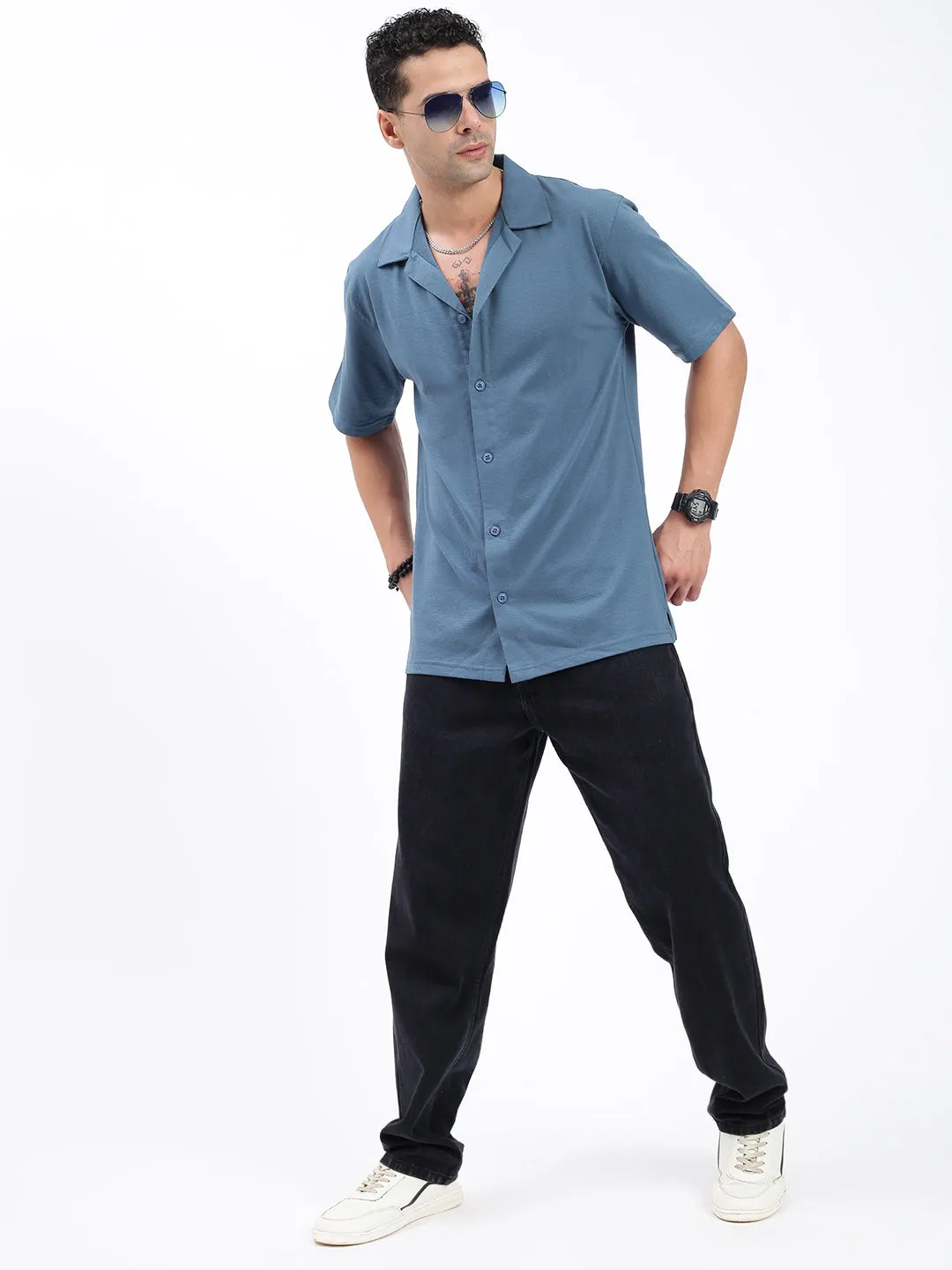 Men Blue Standard Cuban Collar Solid Cotton Relaxed Fit Casual Shirt