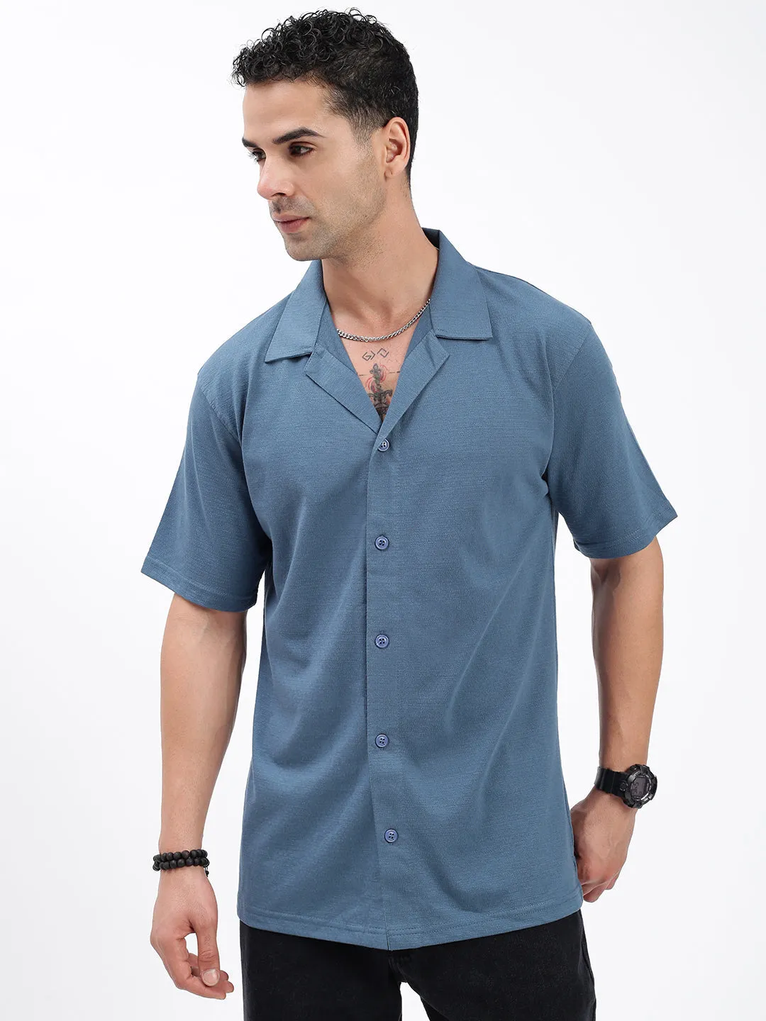 Men Blue Standard Cuban Collar Solid Cotton Relaxed Fit Casual Shirt