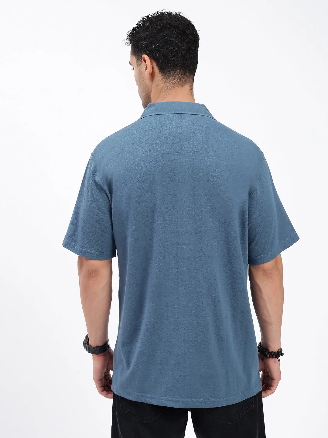Men Blue Standard Cuban Collar Solid Cotton Relaxed Fit Casual Shirt