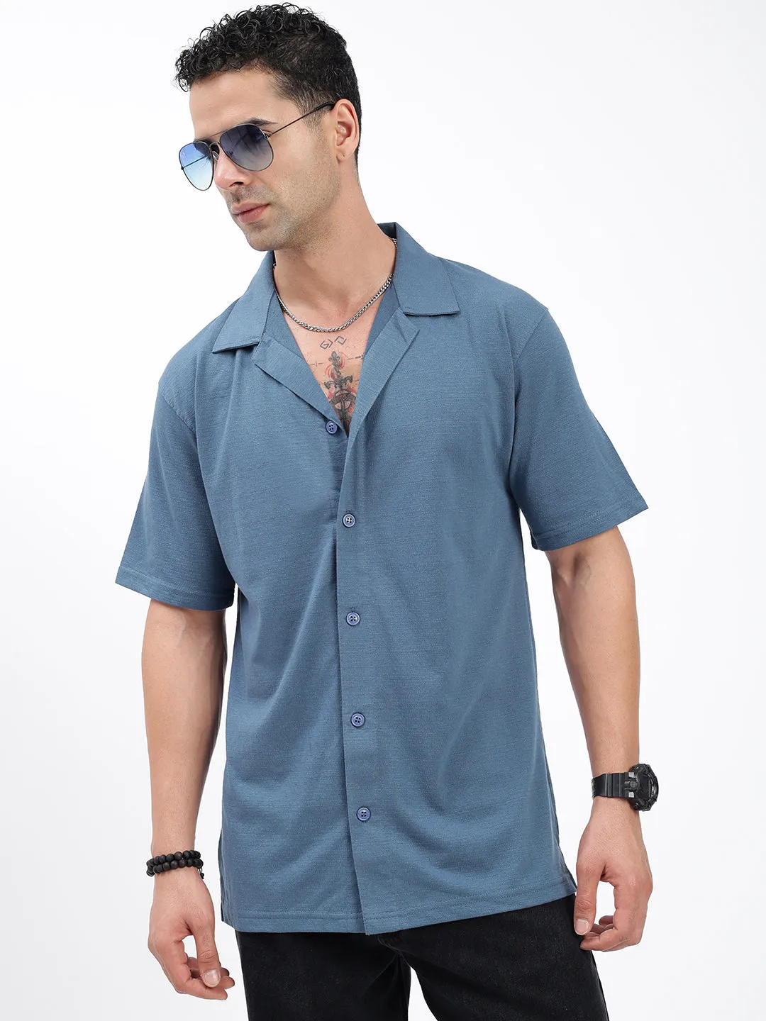 Men Blue Standard Cuban Collar Solid Cotton Relaxed Fit Casual Shirt