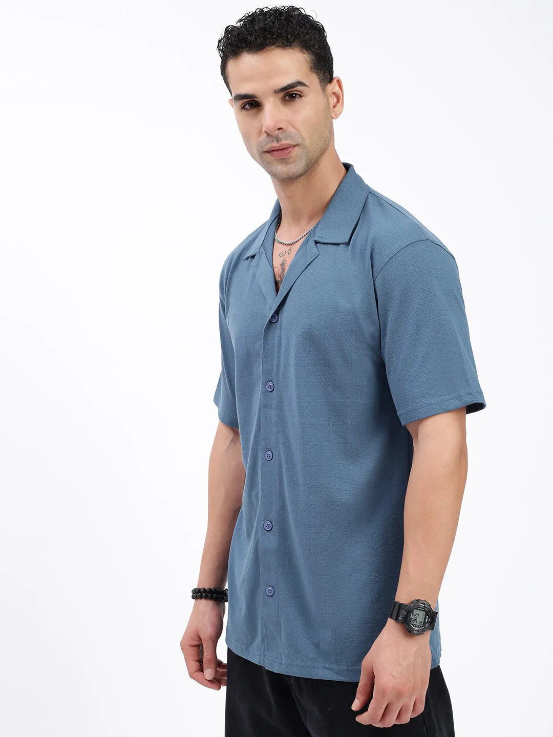 Men Blue Standard Cuban Collar Solid Cotton Relaxed Fit Casual Shirt