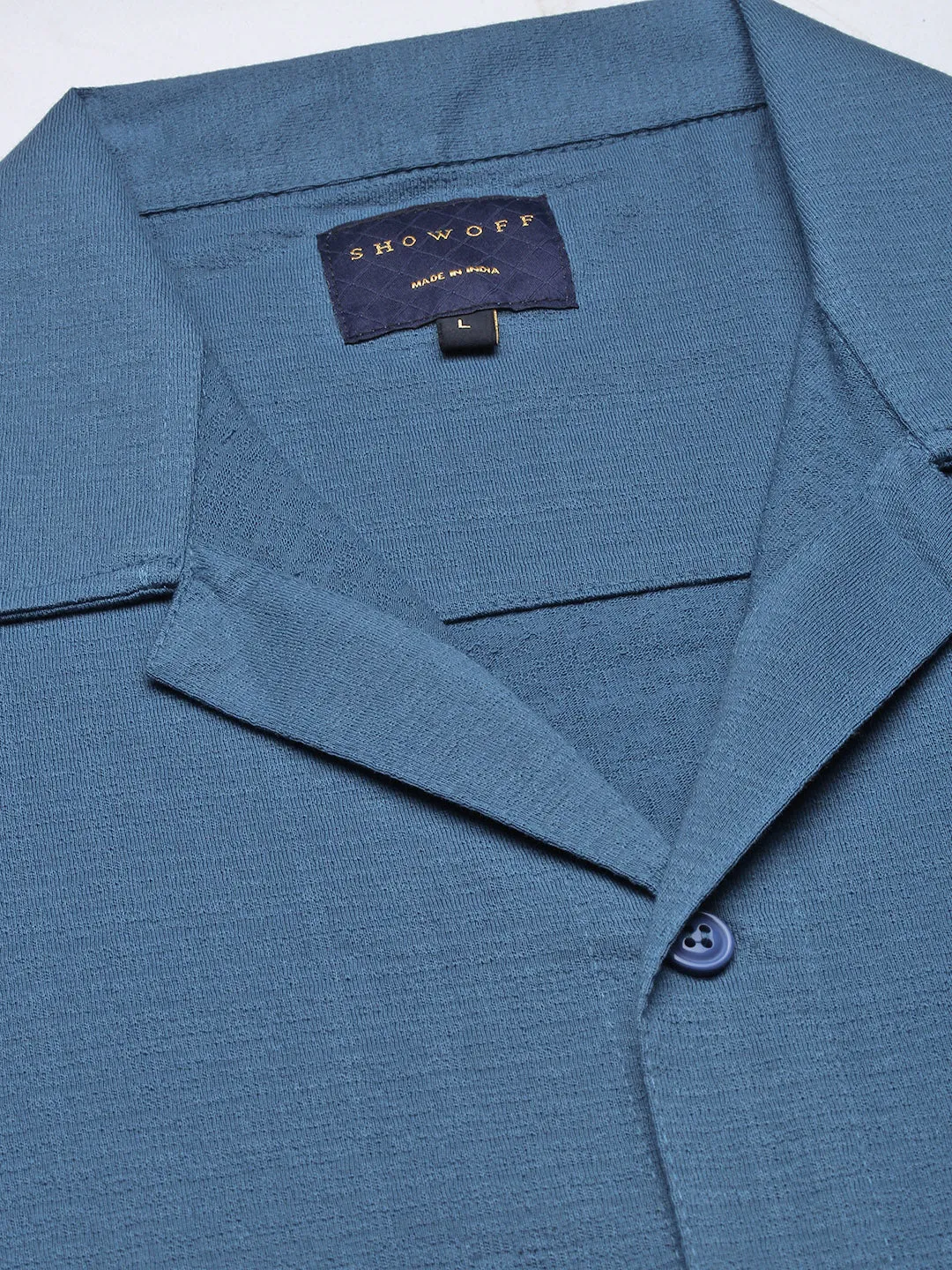 Men Blue Standard Cuban Collar Solid Cotton Relaxed Fit Casual Shirt