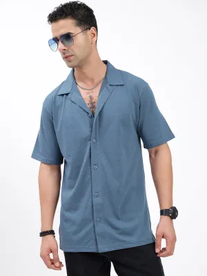 Men Blue Standard Cuban Collar Solid Cotton Relaxed Fit Casual Shirt