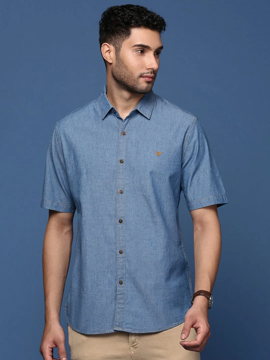 Men Blue Standard Slim Fit Opaque Solid Casual Shirt