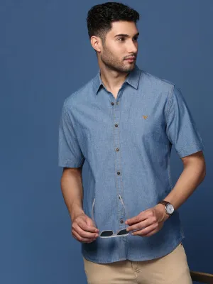 Men Blue Standard Slim Fit Opaque Solid Casual Shirt