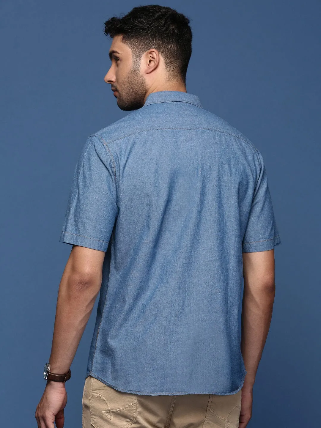 Men Blue Standard Slim Fit Opaque Solid Casual Shirt