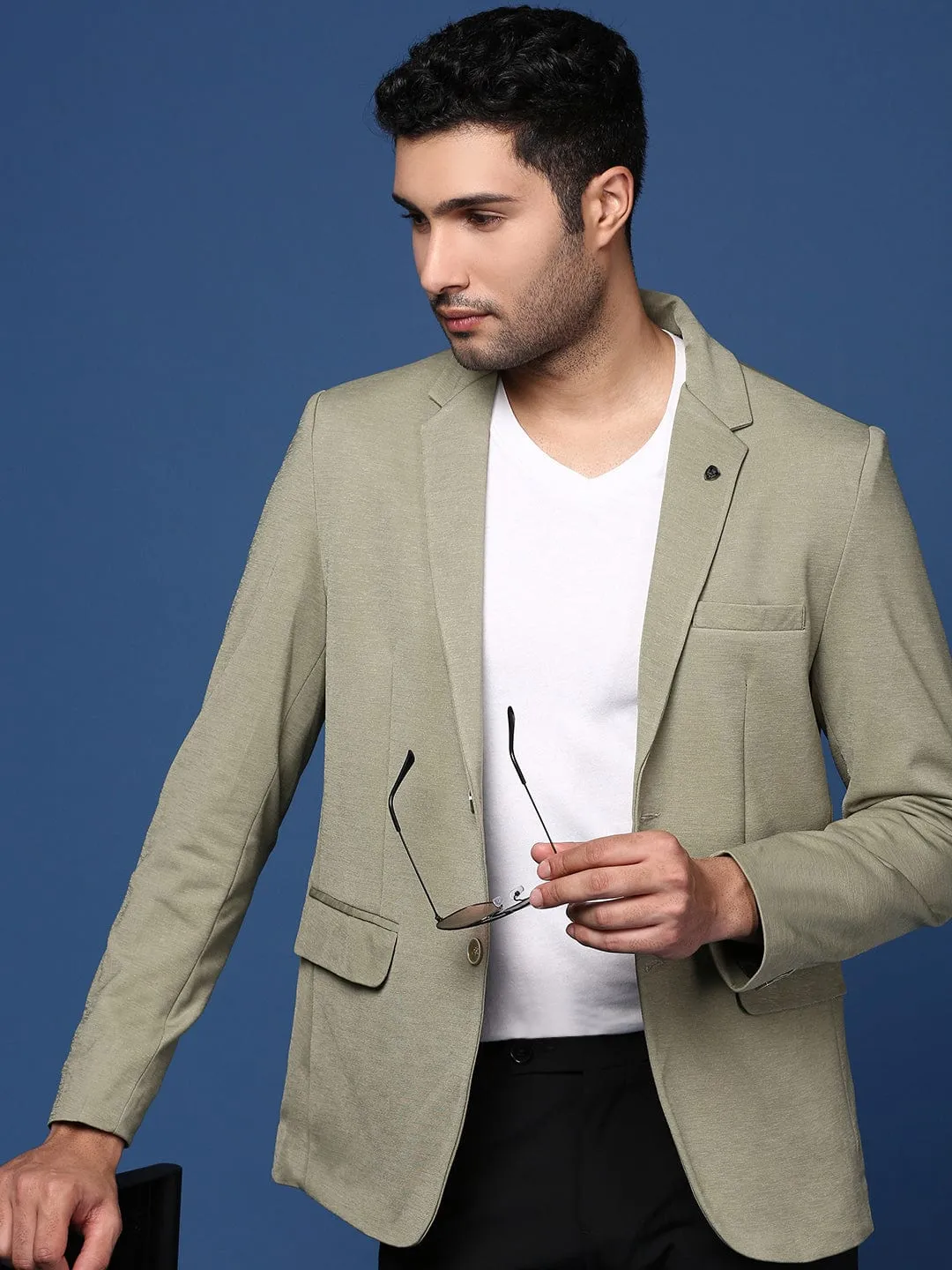 Men Green Slim Fit Notched Lapel Collar Single Breasted Blazer
