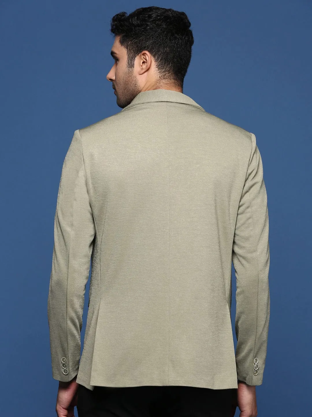 Men Green Slim Fit Notched Lapel Collar Single Breasted Blazer