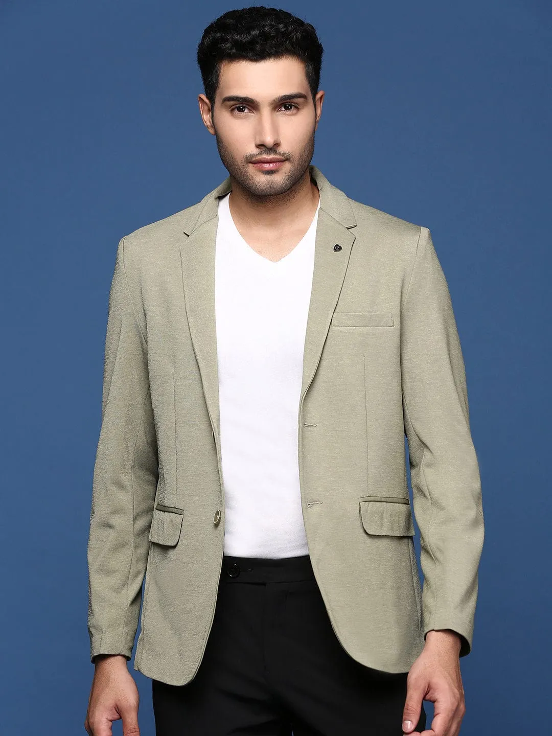 Men Green Slim Fit Notched Lapel Collar Single Breasted Blazer