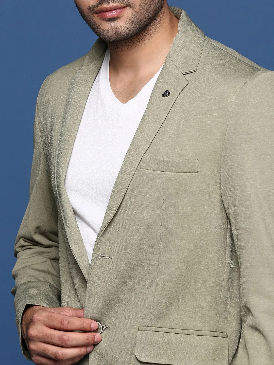 Men Green Slim Fit Notched Lapel Collar Single Breasted Blazer