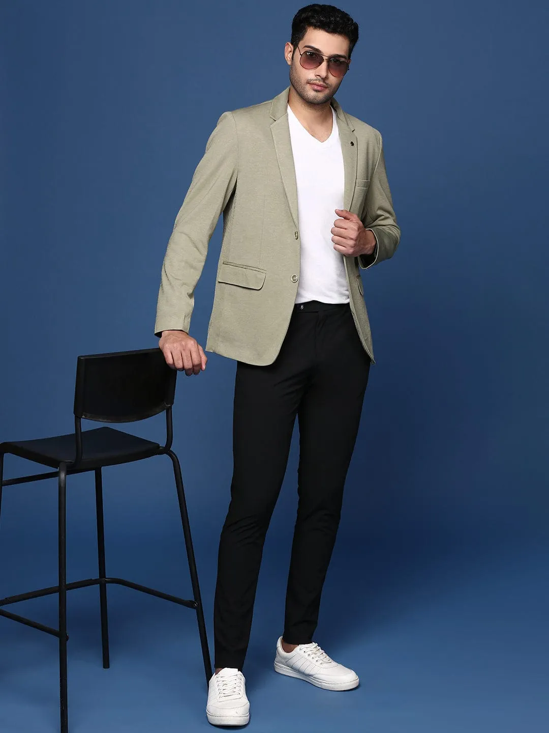 Men Green Slim Fit Notched Lapel Collar Single Breasted Blazer