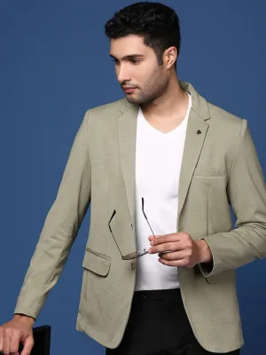 Men Green Slim Fit Notched Lapel Collar Single Breasted Blazer