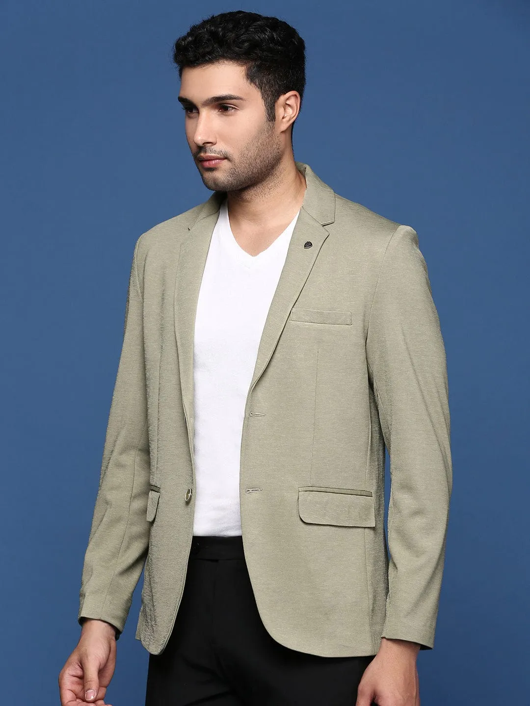 Men Green Slim Fit Notched Lapel Collar Single Breasted Blazer