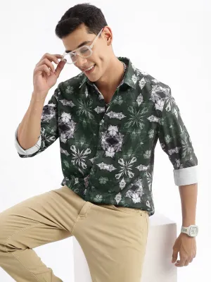 Men Green Standard Slim Fit Abstract Opaque Printed Casual Shirt