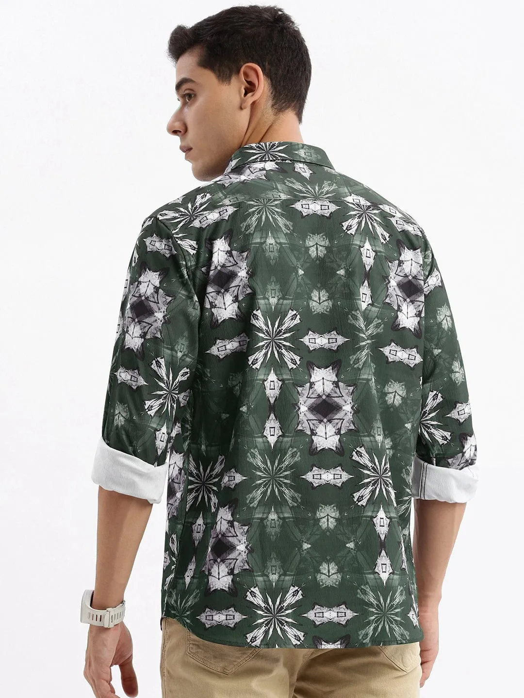 Men Green Standard Slim Fit Abstract Opaque Printed Casual Shirt