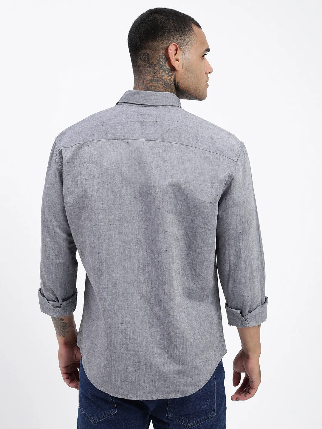 Men Grey Premium Spread Collar Solid Linen Casual Shirt