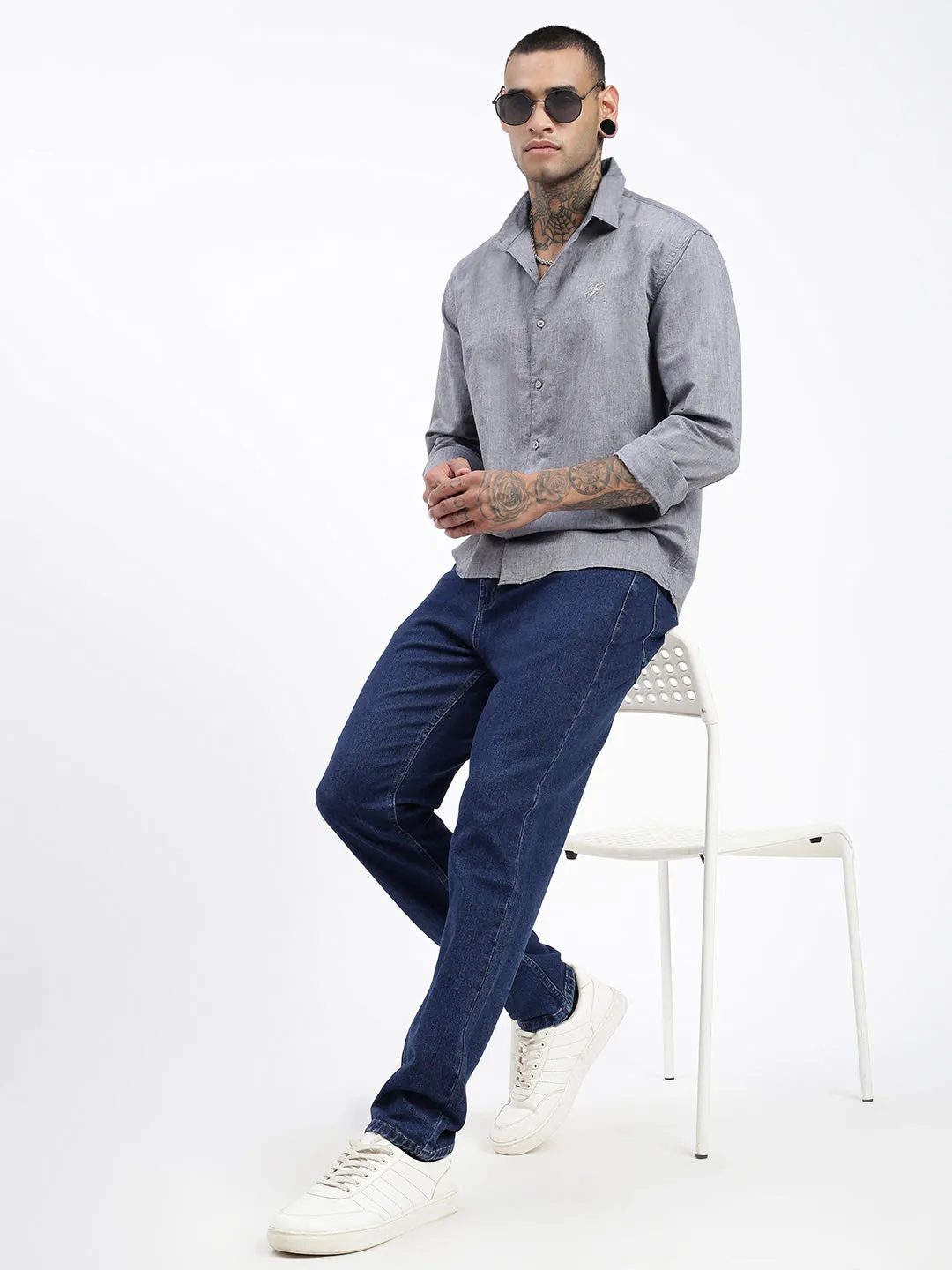 Men Grey Premium Spread Collar Solid Linen Casual Shirt