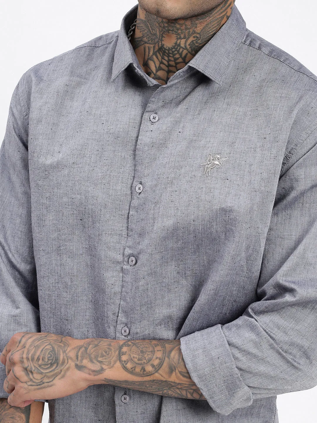 Men Grey Premium Spread Collar Solid Linen Casual Shirt