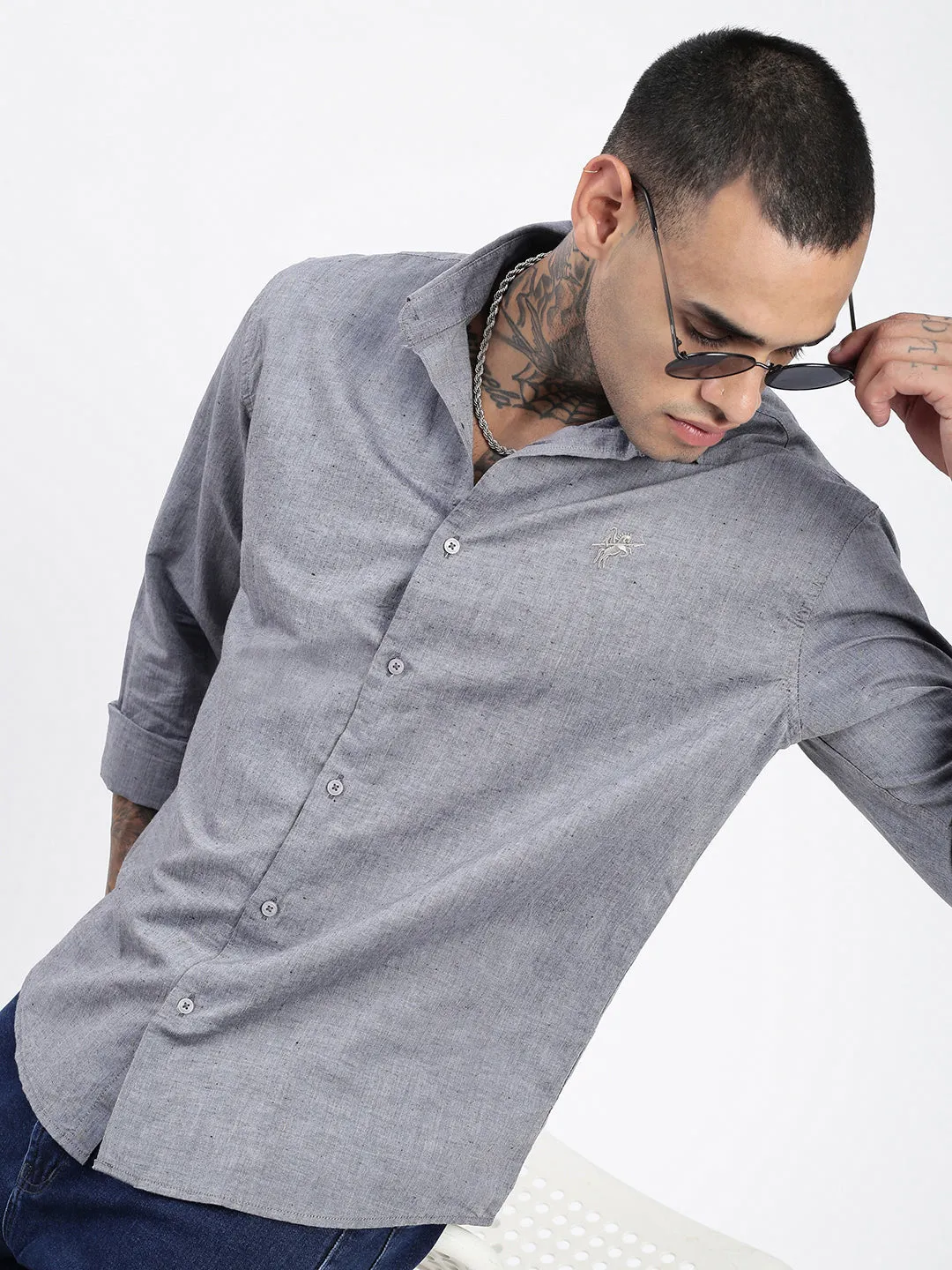 Men Grey Premium Spread Collar Solid Linen Casual Shirt