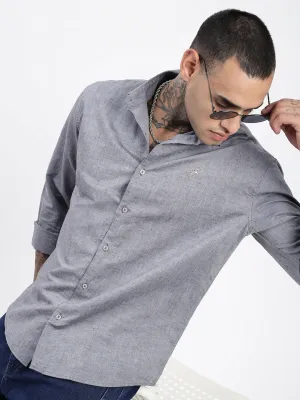 Men Grey Premium Spread Collar Solid Linen Casual Shirt