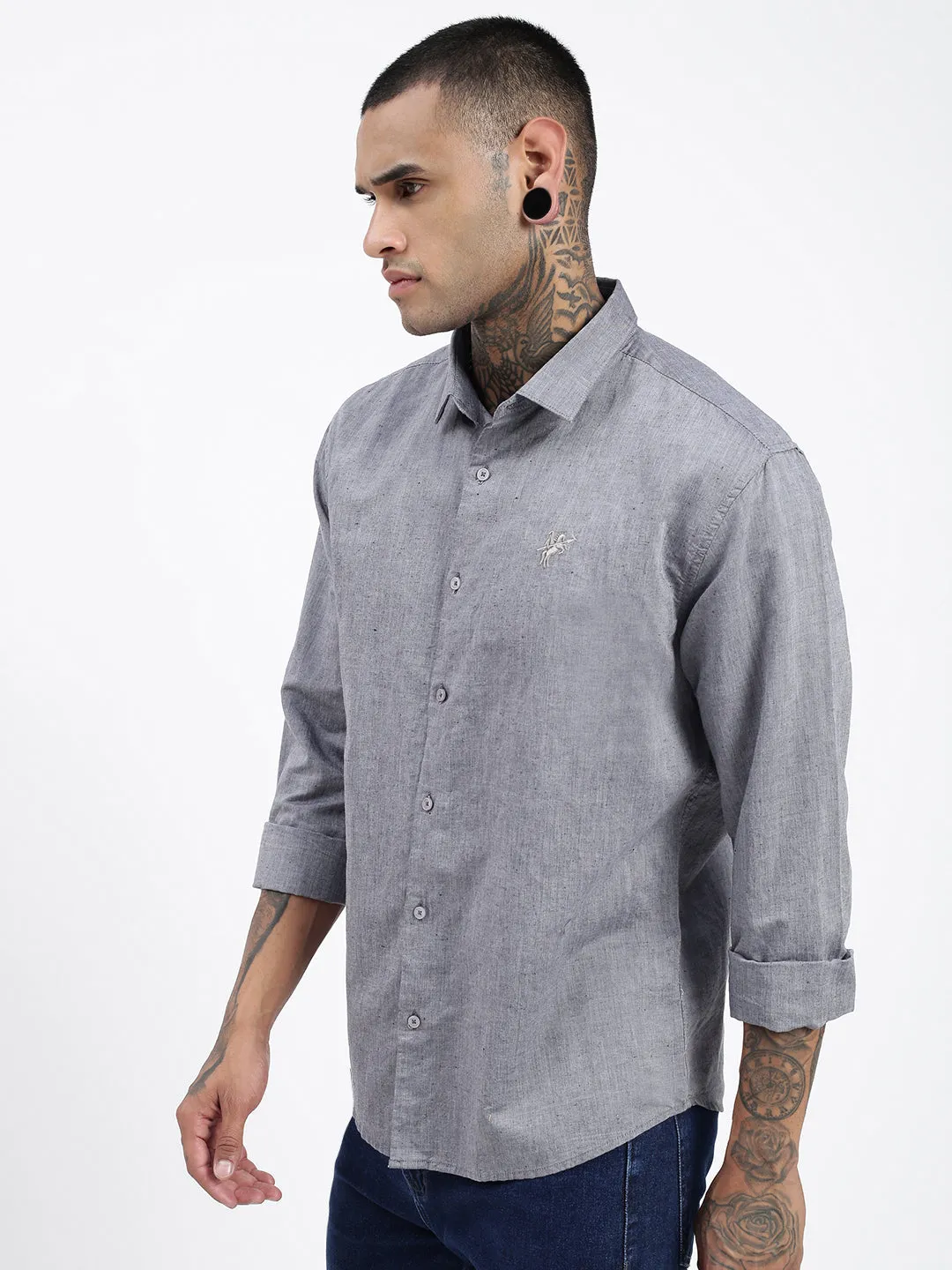 Men Grey Premium Spread Collar Solid Linen Casual Shirt