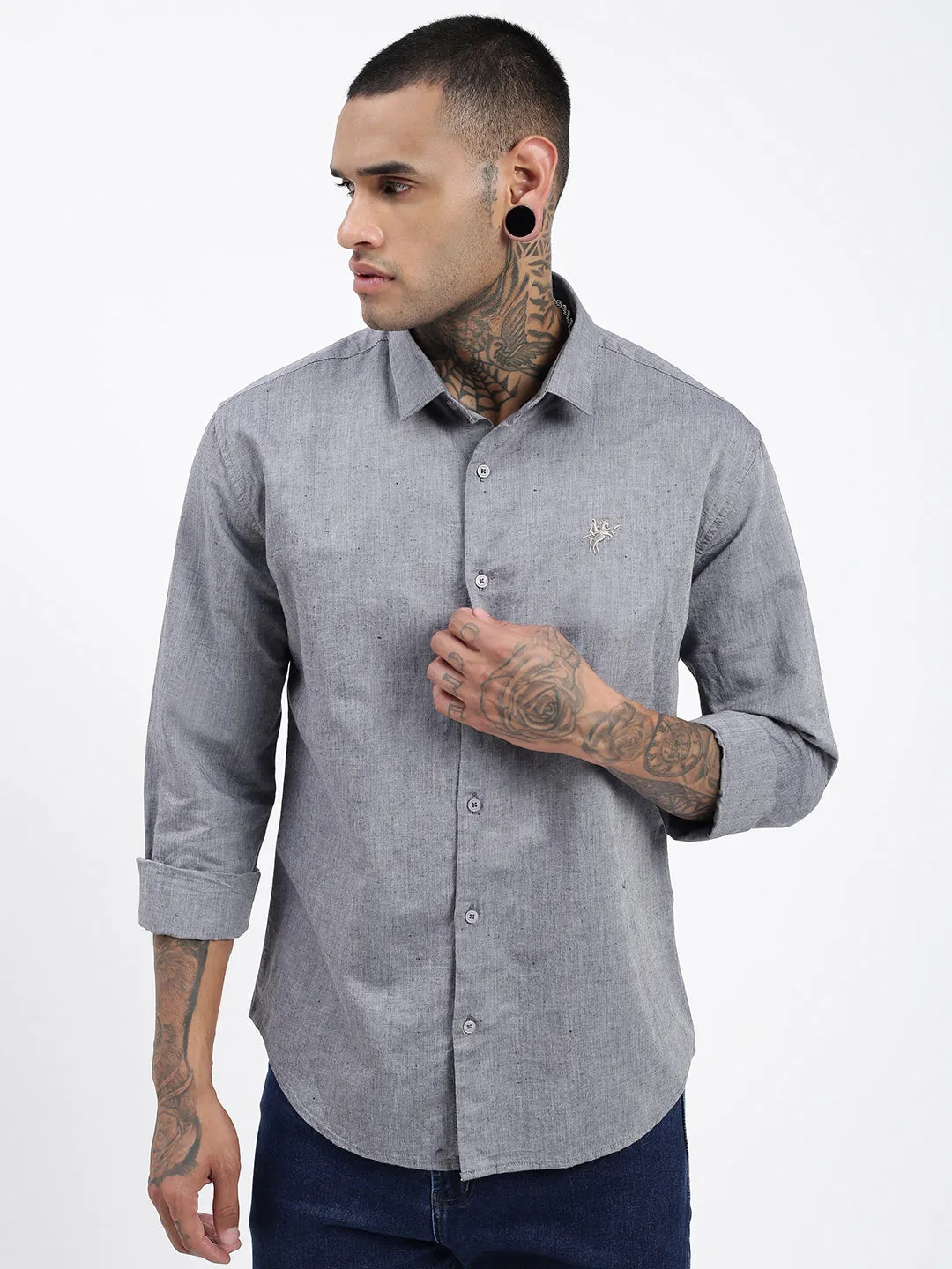 Men Grey Premium Spread Collar Solid Linen Casual Shirt