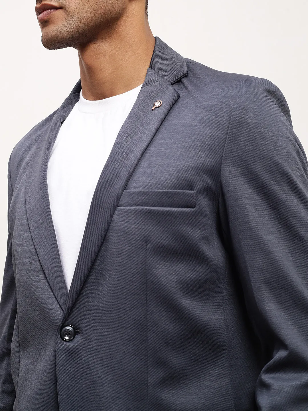 Men Grey Single-Breasted Cotton Slim Fit Blazer