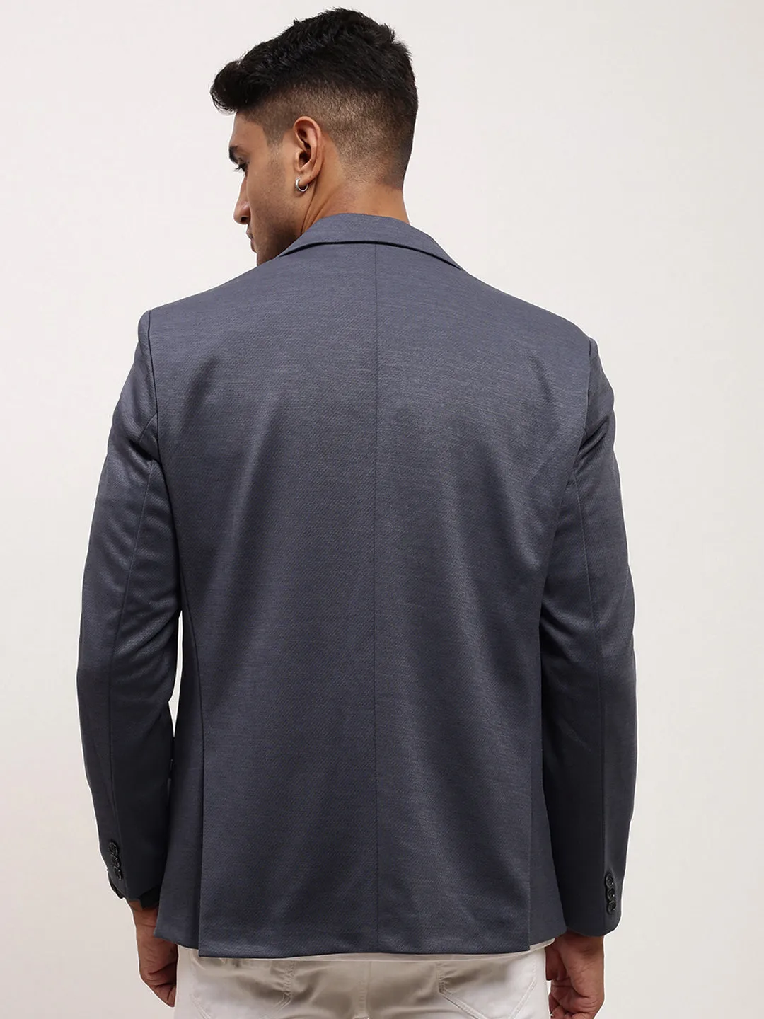 Men Grey Single-Breasted Cotton Slim Fit Blazer