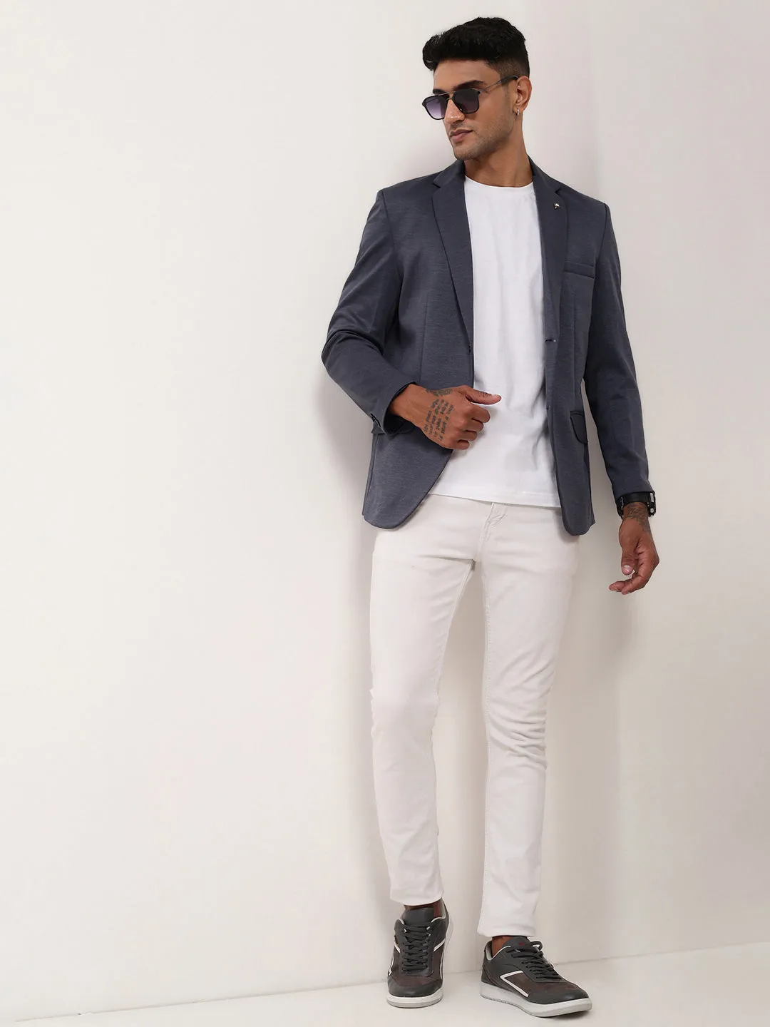 Men Grey Single-Breasted Cotton Slim Fit Blazer