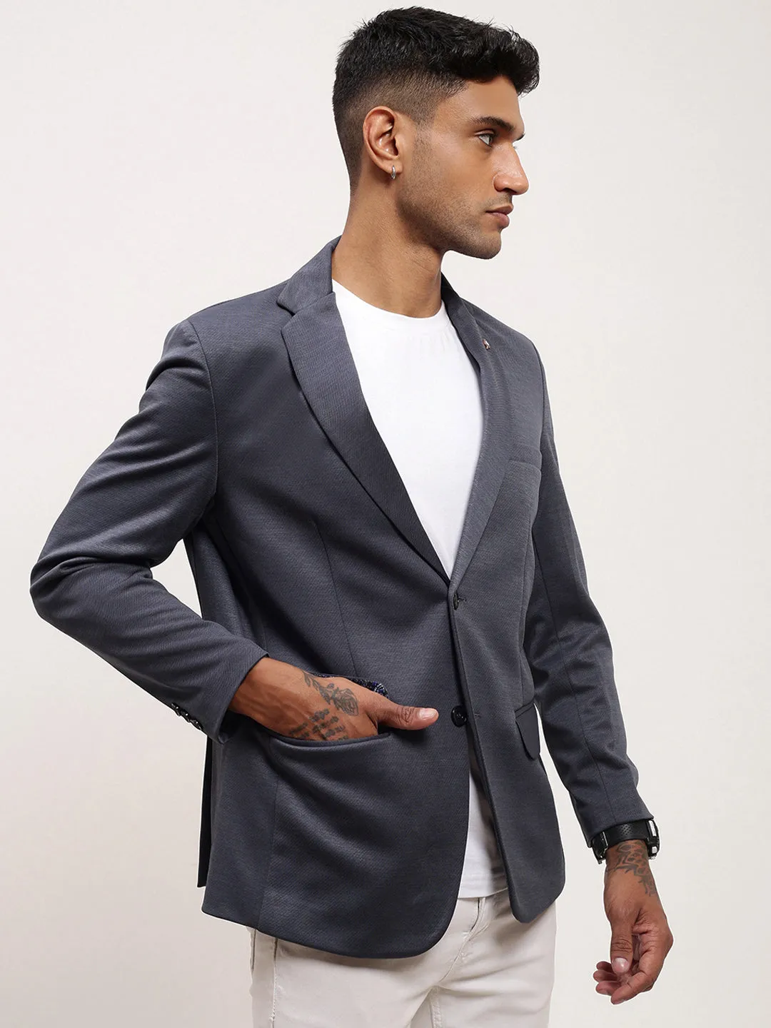 Men Grey Single-Breasted Cotton Slim Fit Blazer
