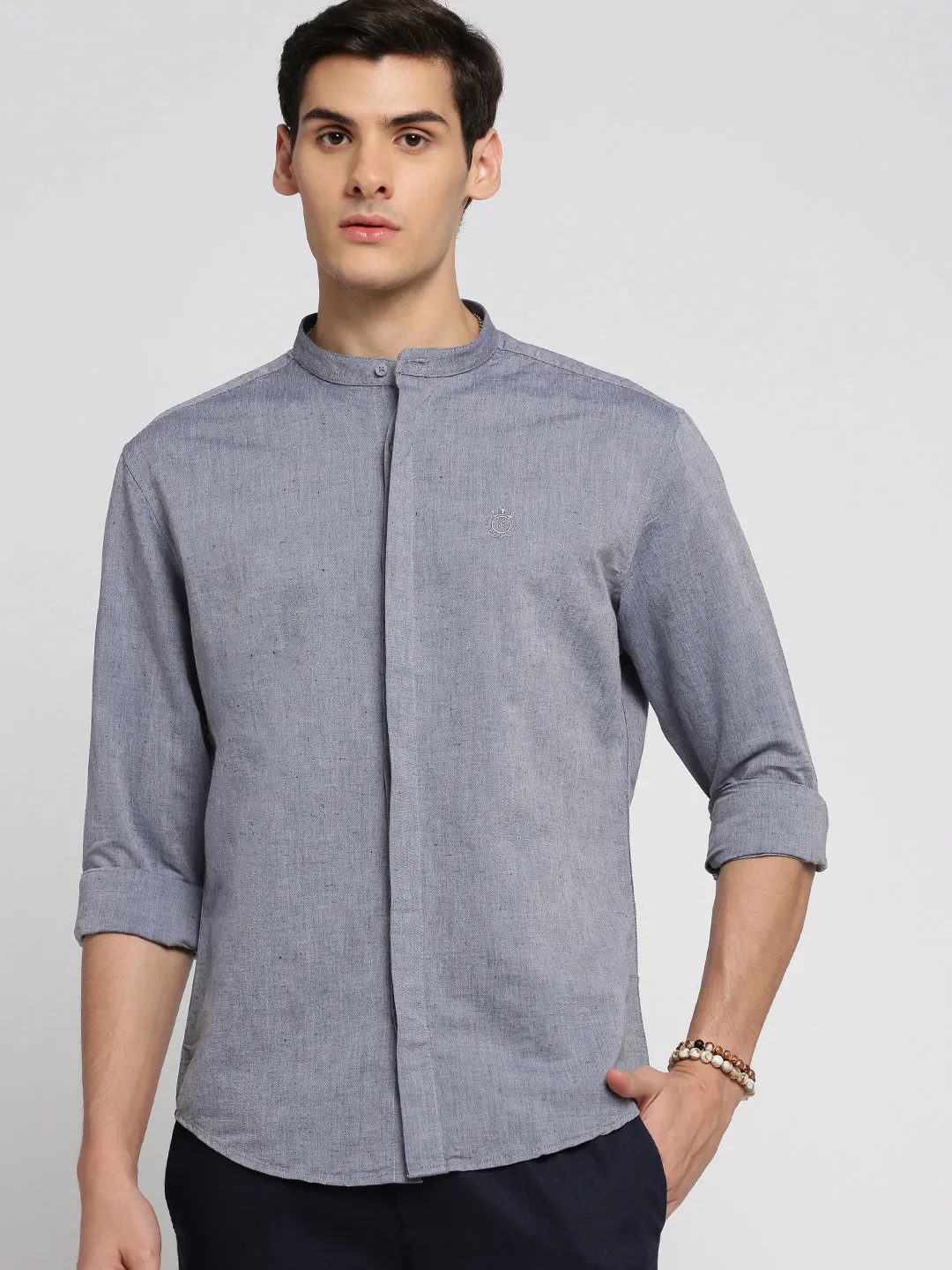 Men Grey Slim Fit Chambray Cotton Casual Shirt