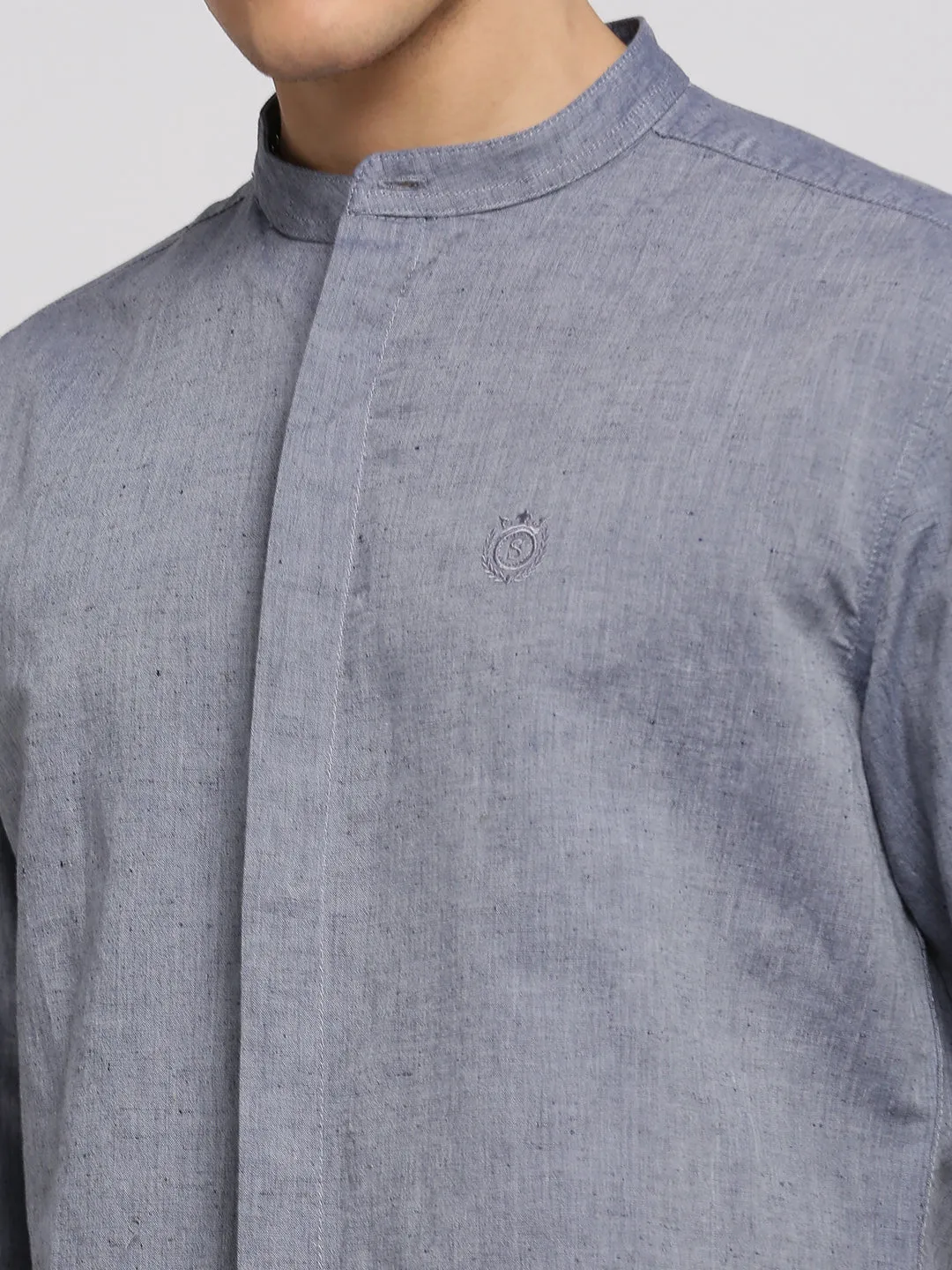 Men Grey Slim Fit Chambray Cotton Casual Shirt