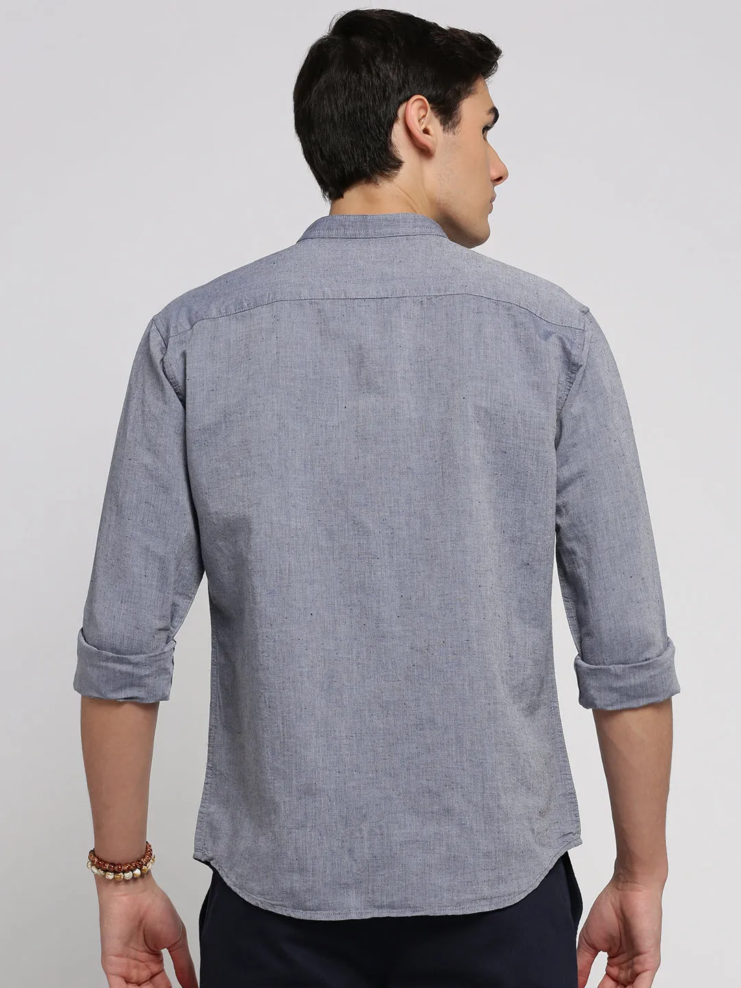 Men Grey Slim Fit Chambray Cotton Casual Shirt
