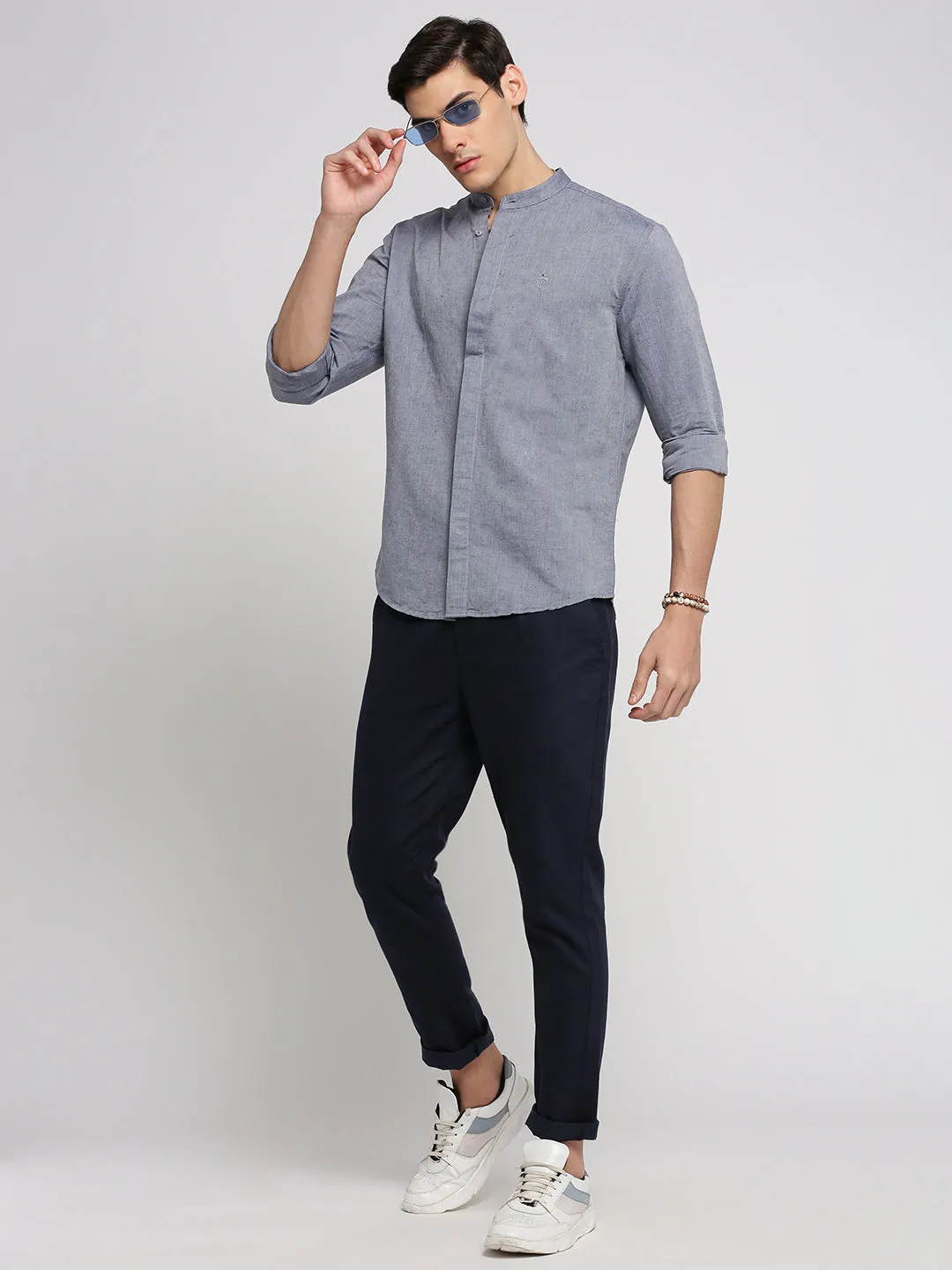Men Grey Slim Fit Chambray Cotton Casual Shirt