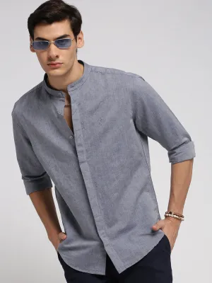 Men Grey Slim Fit Chambray Cotton Casual Shirt
