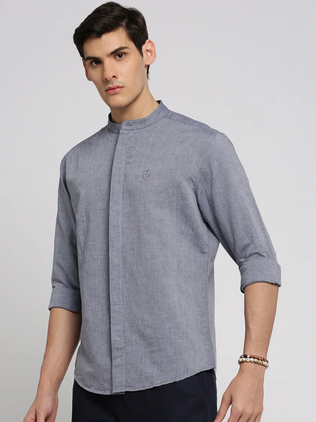 Men Grey Slim Fit Chambray Cotton Casual Shirt