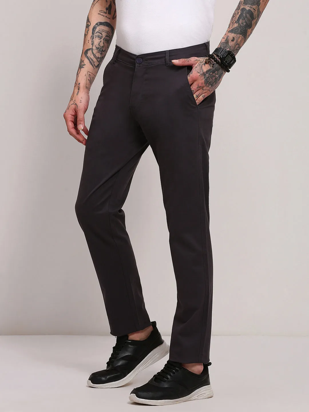 Men Grey Solid Cotton Trousers