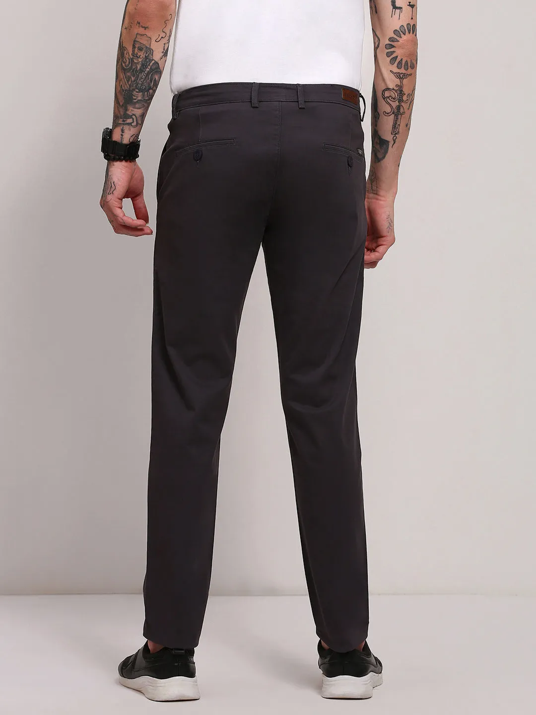 Men Grey Solid Cotton Trousers