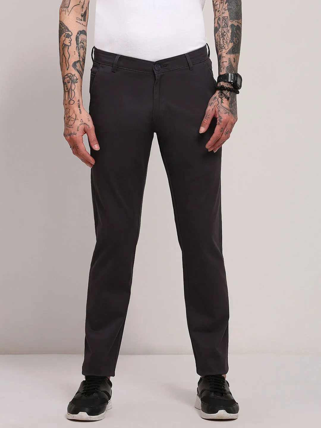 Men Grey Solid Cotton Trousers