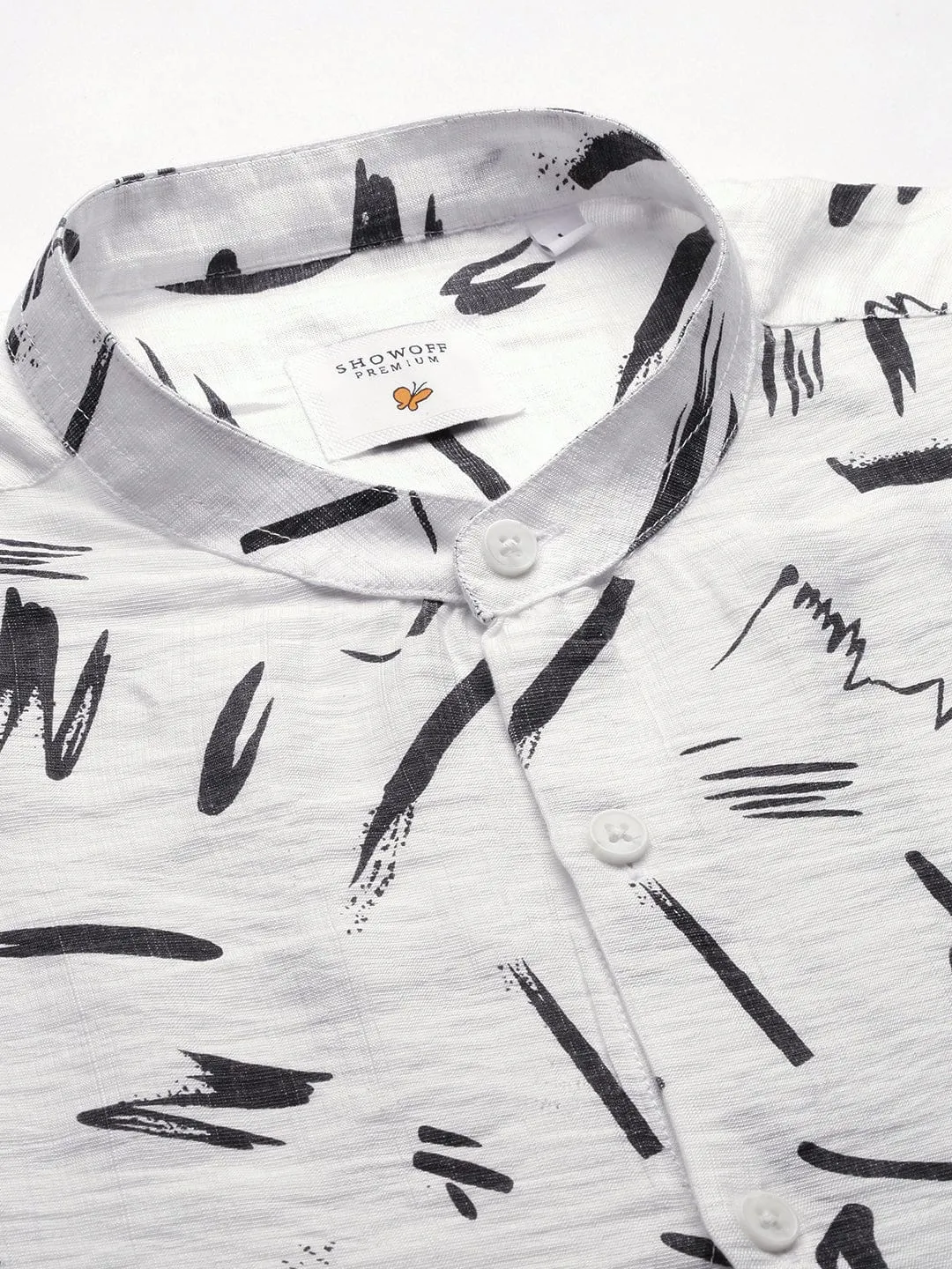 Men Mandarin Collar White Abstract Slim Fit Shirt
