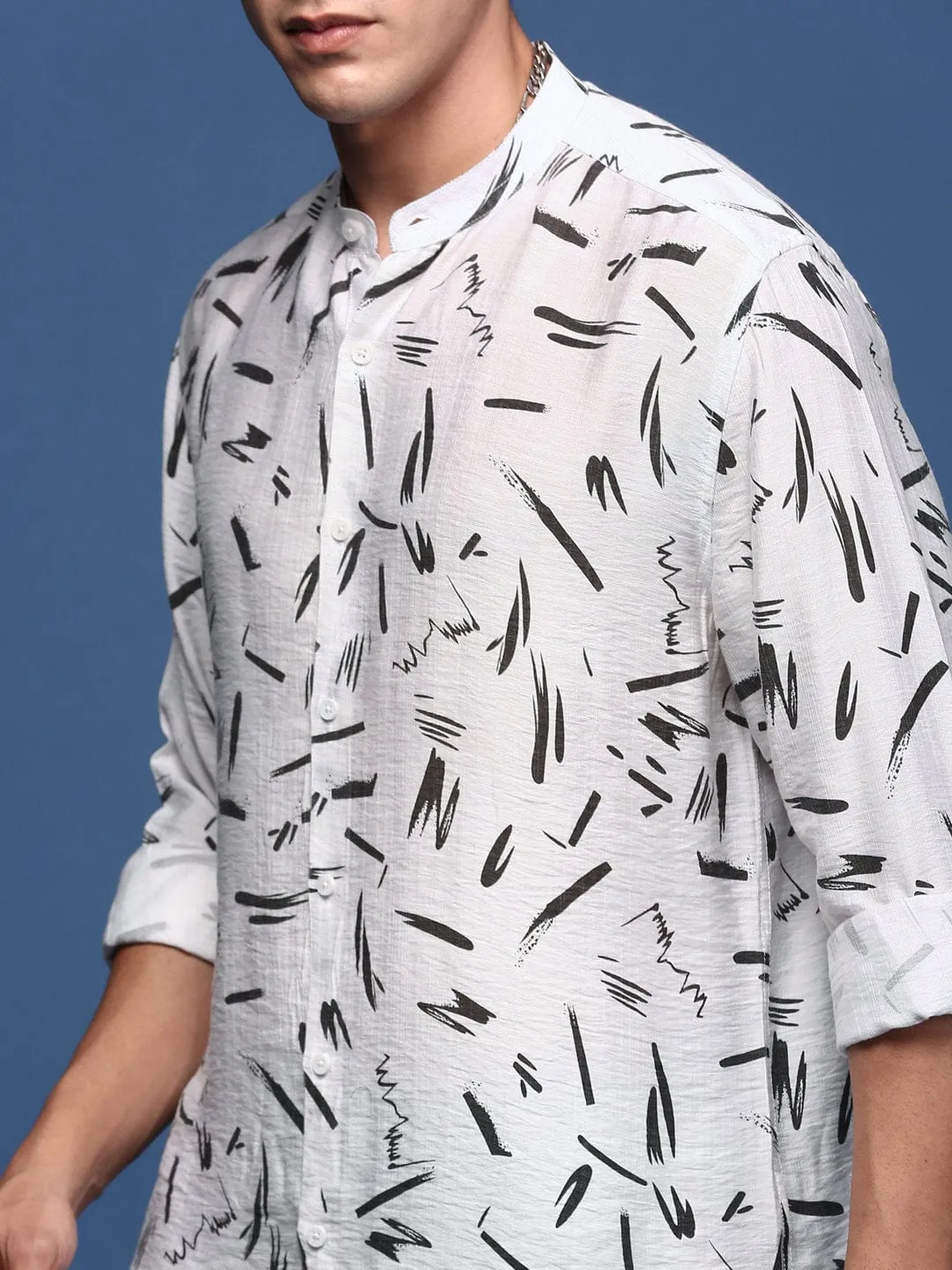 Men Mandarin Collar White Abstract Slim Fit Shirt