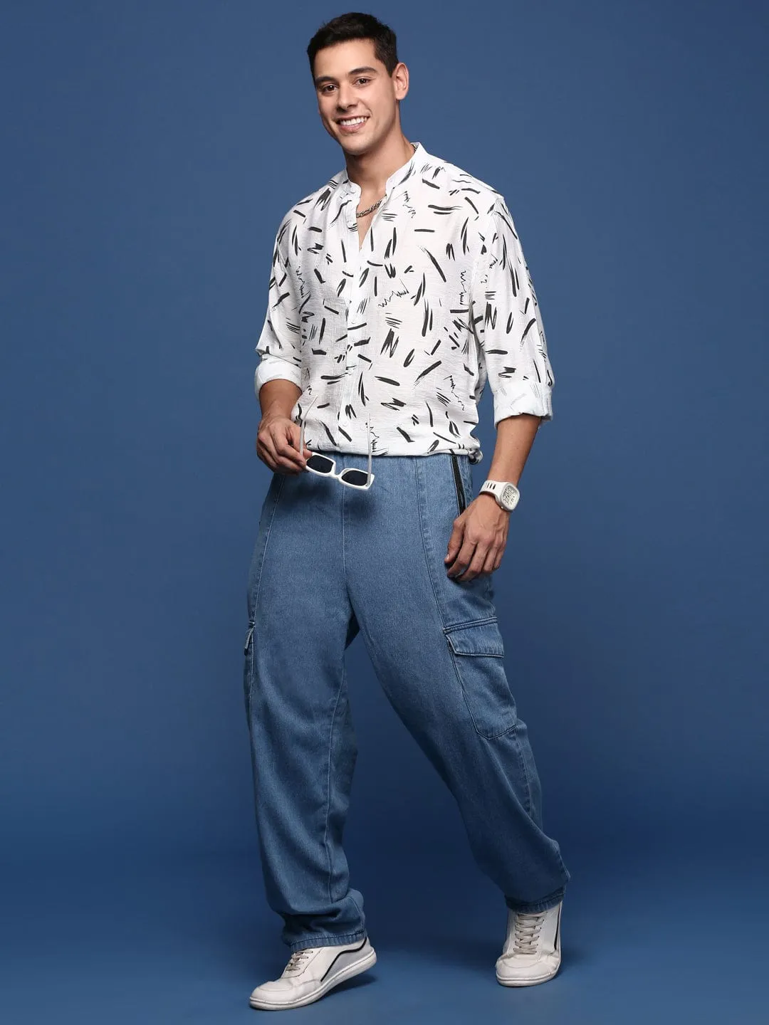 Men Mandarin Collar White Abstract Slim Fit Shirt