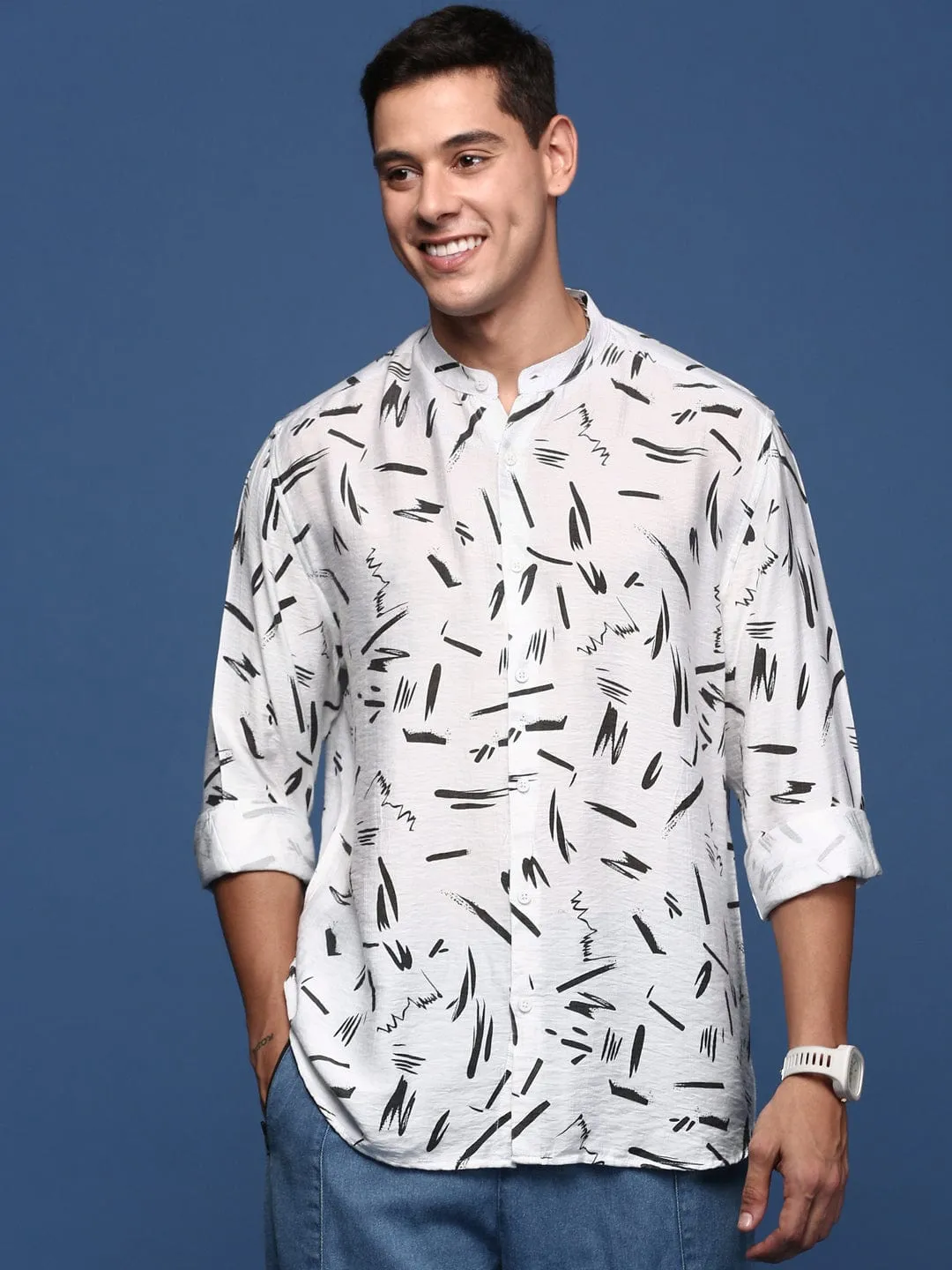 Men Mandarin Collar White Abstract Slim Fit Shirt