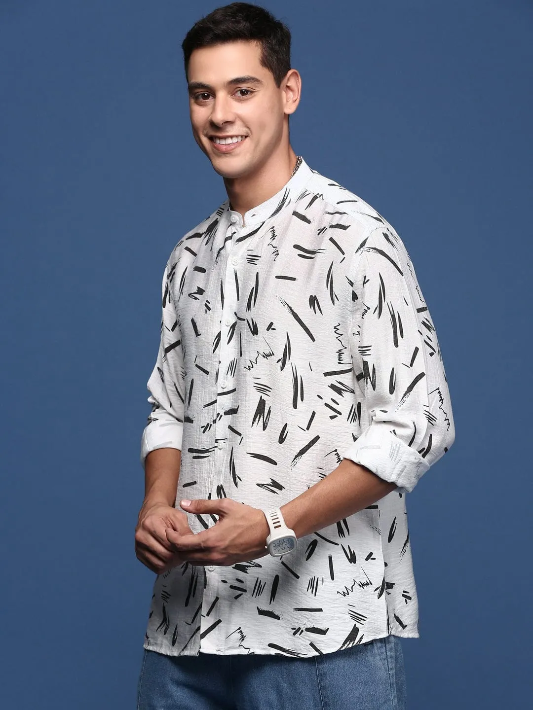 Men Mandarin Collar White Abstract Slim Fit Shirt