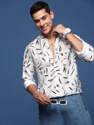 Men Mandarin Collar White Abstract Slim Fit Shirt