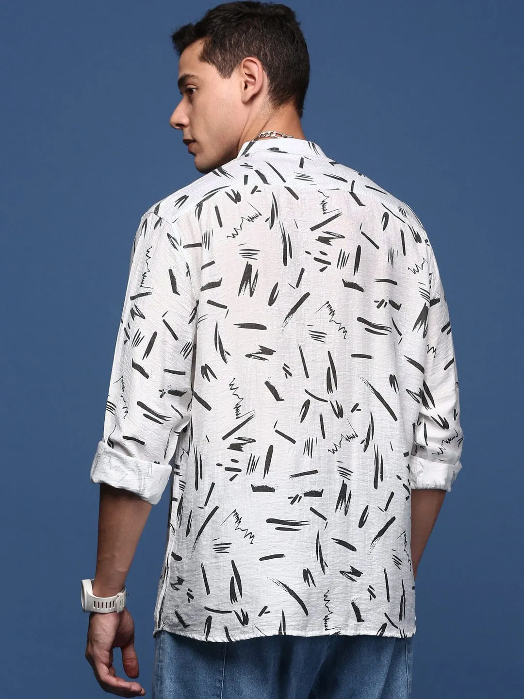 Men Mandarin Collar White Abstract Slim Fit Shirt