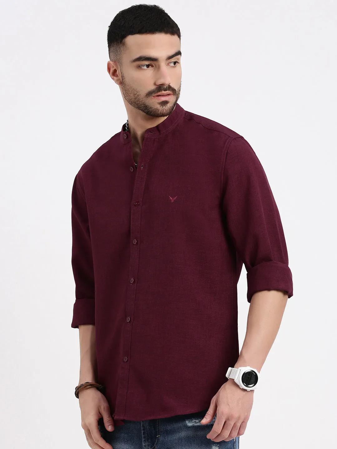 Men Maroon Solid Casual Slim Fit Shirt