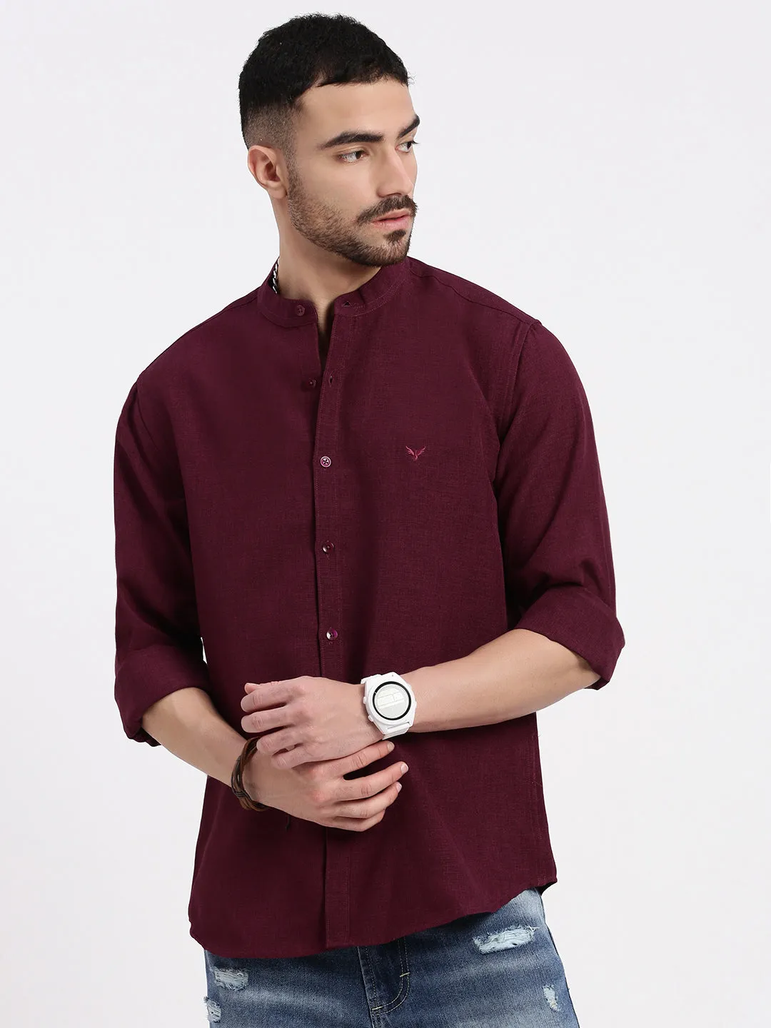 Men Maroon Solid Casual Slim Fit Shirt
